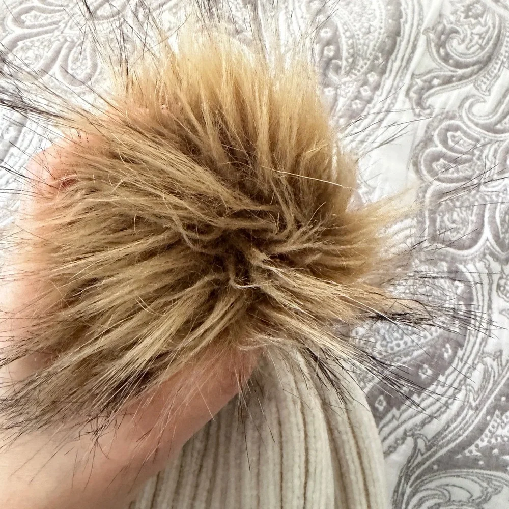 David and Young Cream Ribbed Beanie with fur pom pom